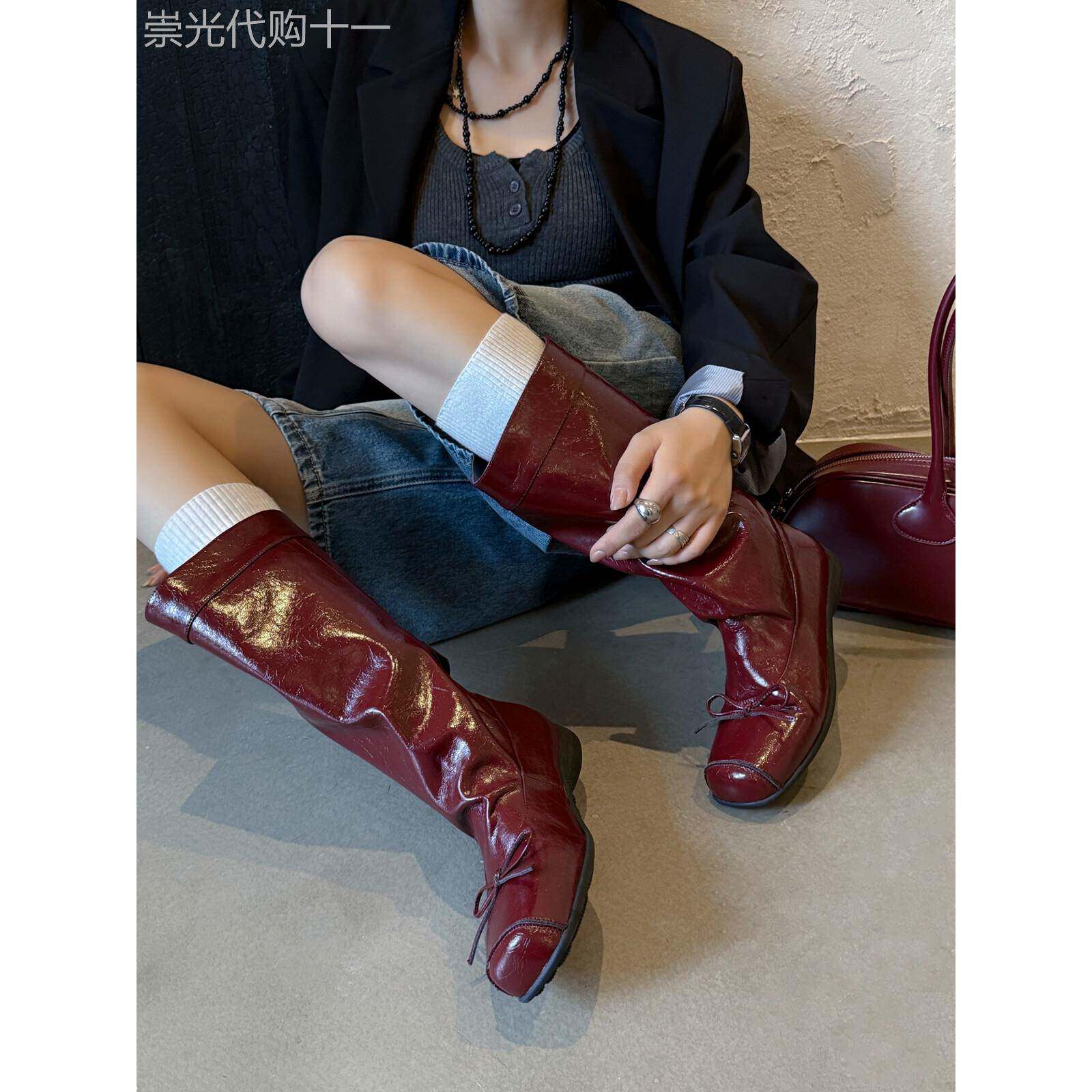 摇滚公主！芭蕾风小众蝴蝶结中筒靴方头粗跟宽筒骑士靴女2025新款