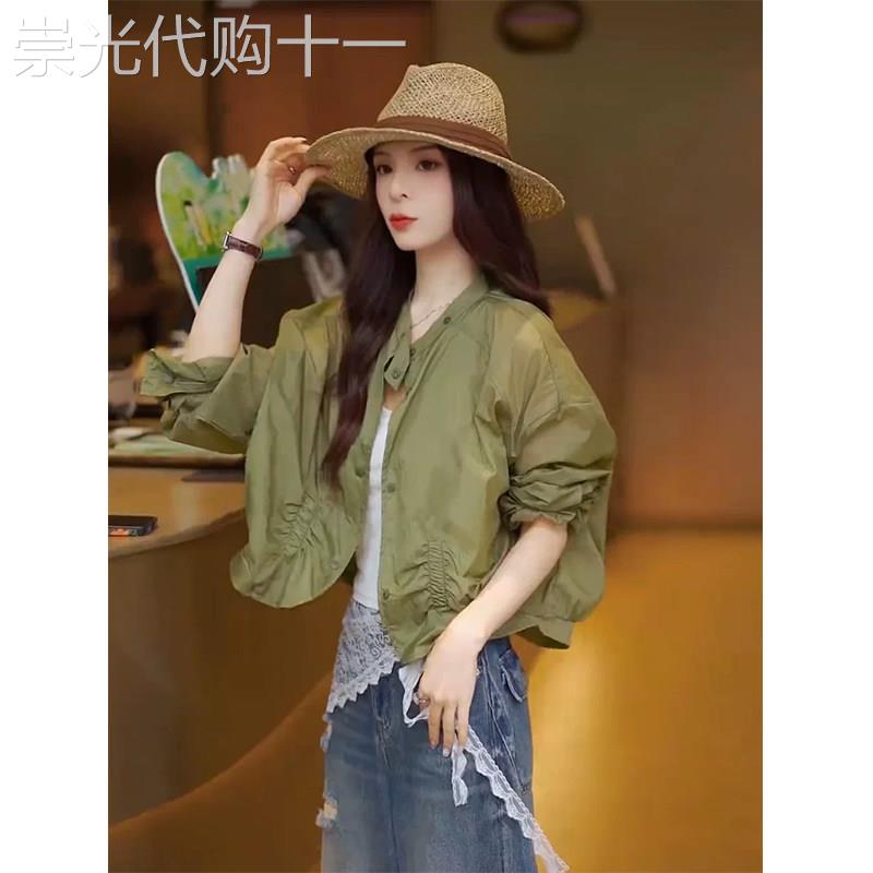 绿色褶皱防晒衣女夏季欧货韩版休闲风宽松显瘦短版开襟外套别致短