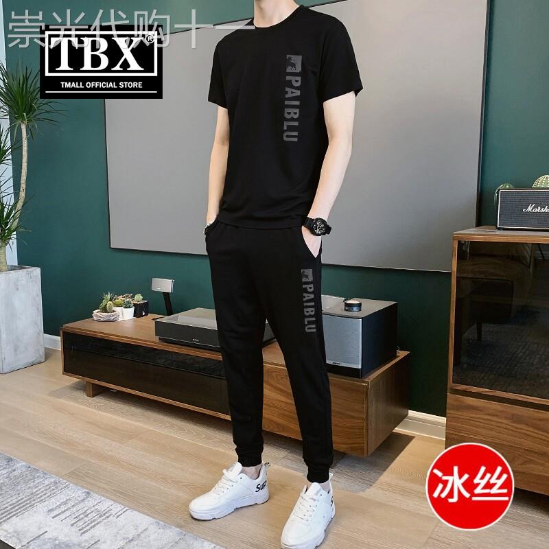 潮牌夏季跑步运动套装男士冰丝短袖T恤2026新款休闲裤子男款夏装