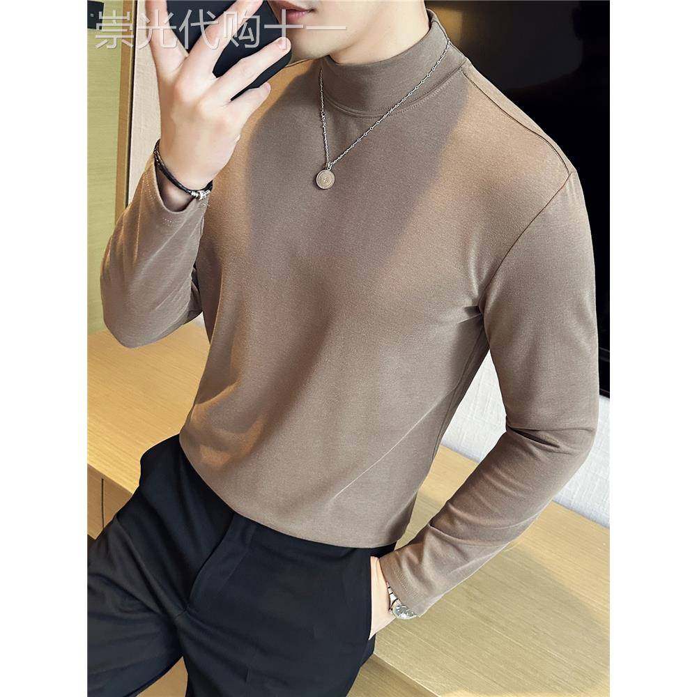 Home Daily~半高领纯棉打底衫男长袖休闲西装内搭纯色男士中领t恤