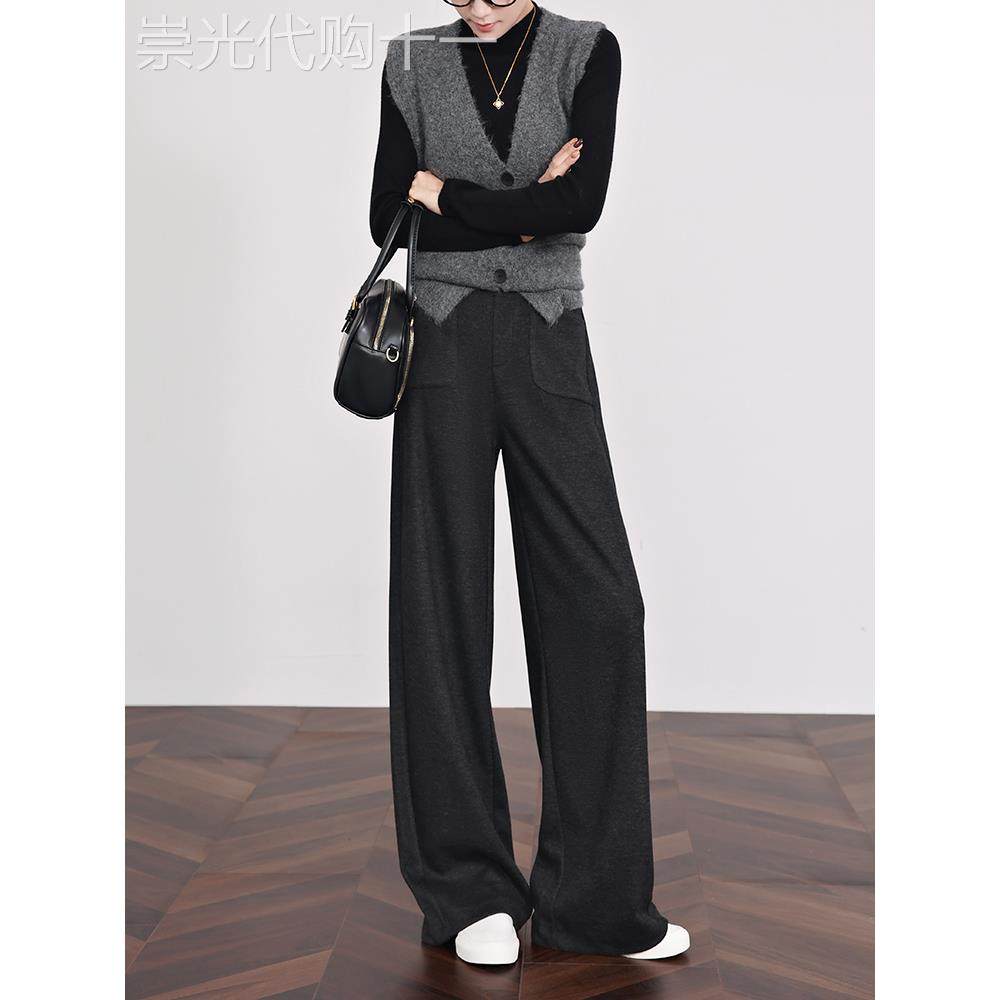 黑灰色羊毛阔腿裤女高腰宽松秋冬2025新款高级感加绒直筒西装裤子