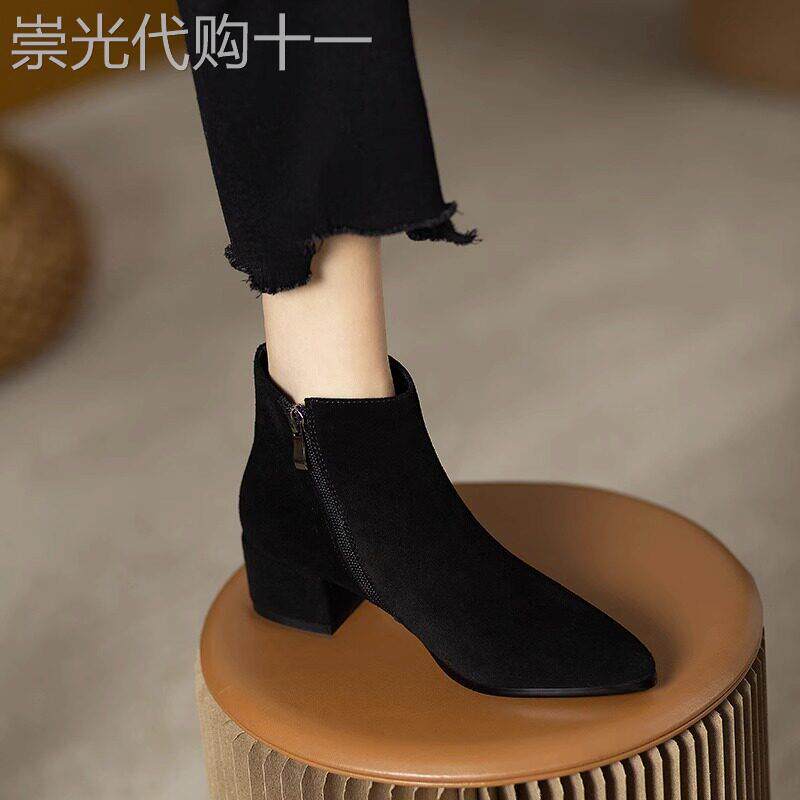 尖头粗跟短靴女2025新款秋冬加绒黑色磨砂工作裸靴气质百搭及踝靴