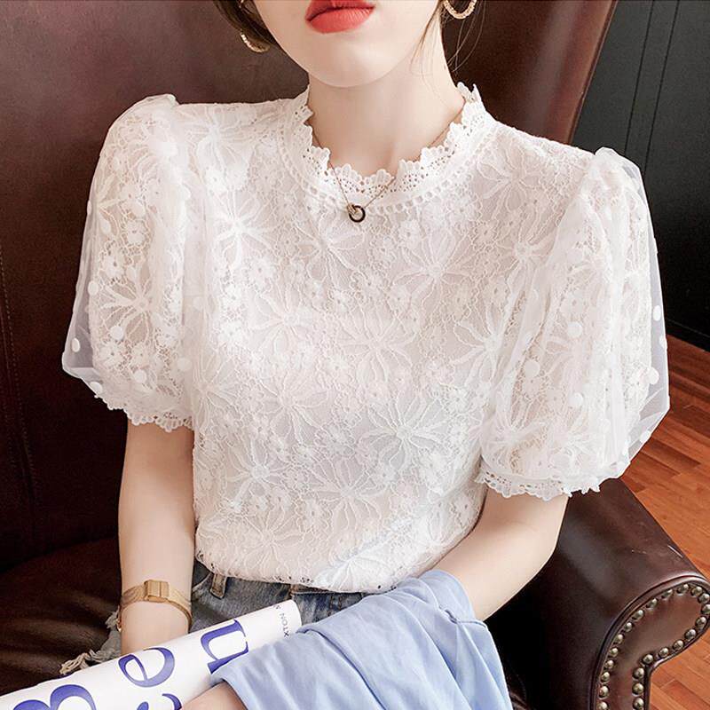 白色雪纺衫女短袖夏季2026新款韩版宽松洋气小衫t恤短款蕾丝上衣
