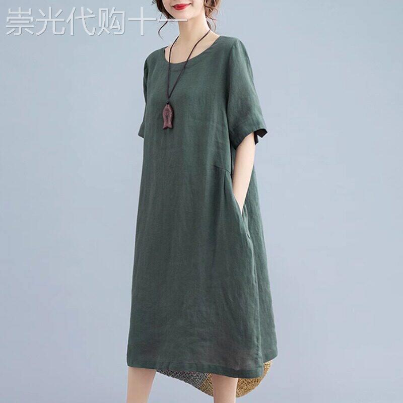 中式复古连衣裙女夏季高端中长款亚麻裙子宽松大码显瘦气质A字裙