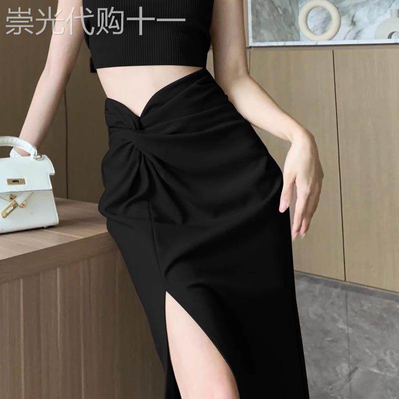 黑色开叉西装半身裙子女夏季薄款设计感抽褶高腰中长款直筒包臀裙