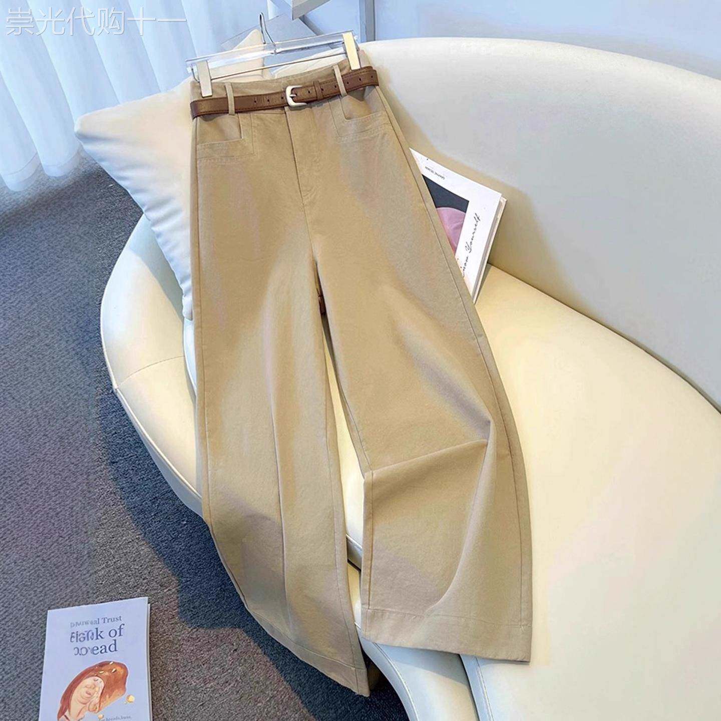 潮牌高腰显瘦卡其色阔腿裤女春秋季2025年新款大码显瘦休闲直筒裤