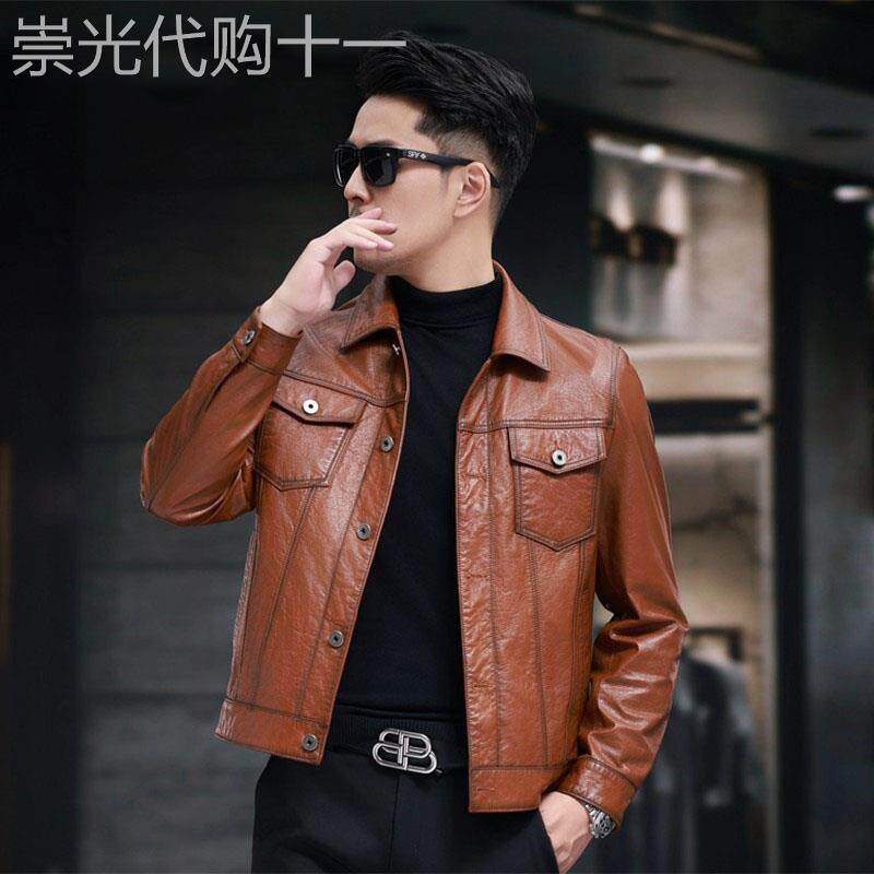 时尚牛仔海宁真皮皮衣男士翻领修身牛皮夹克纽扣秋冬加厚短款外套
