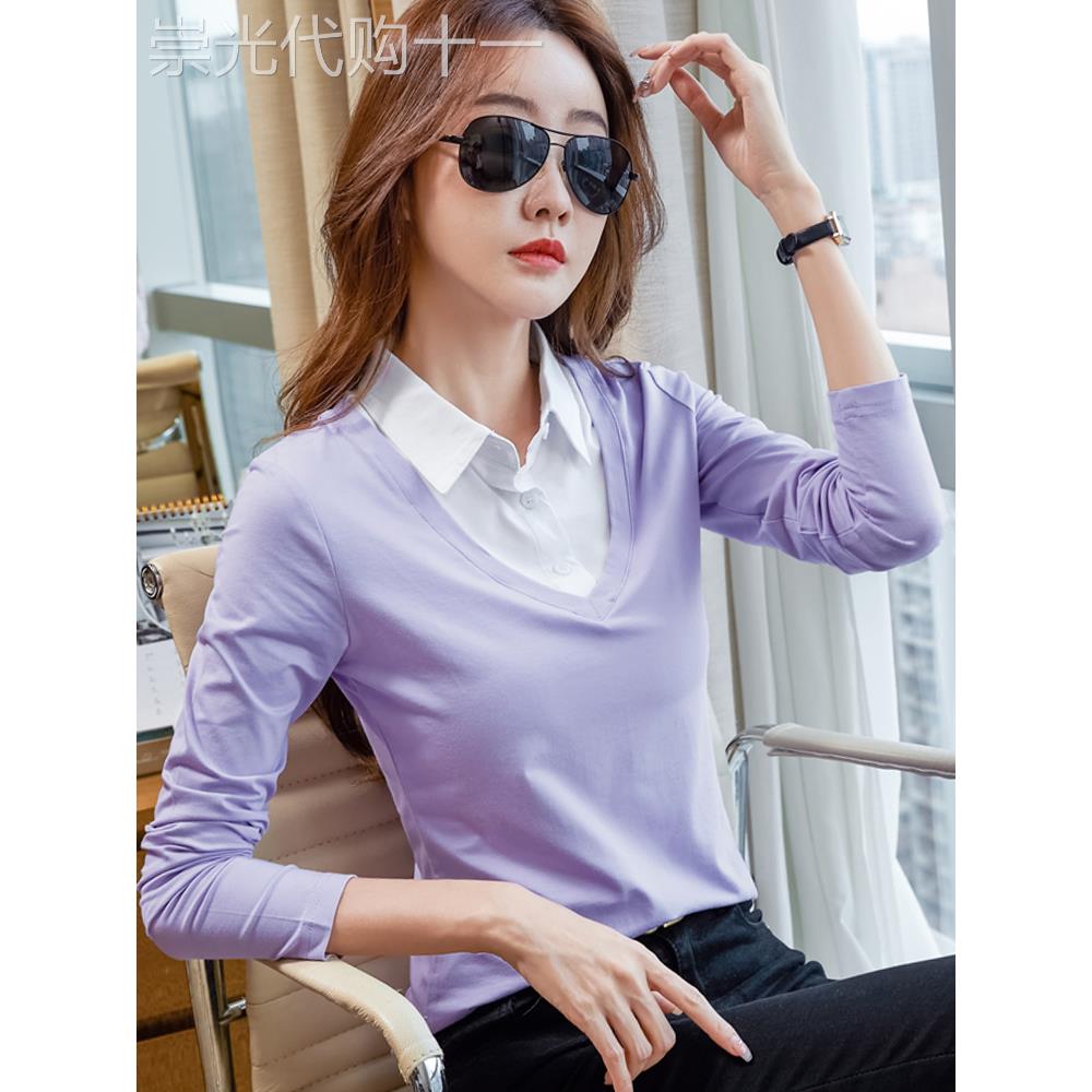 假两件衬衫领纯棉t恤女长袖春季有领内搭打底衫翻领t血Polo衫上衣