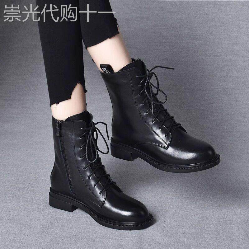 真皮马丁靴女平底2025新款秋冬季加绒短靴舒适百搭单靴黑色中筒靴