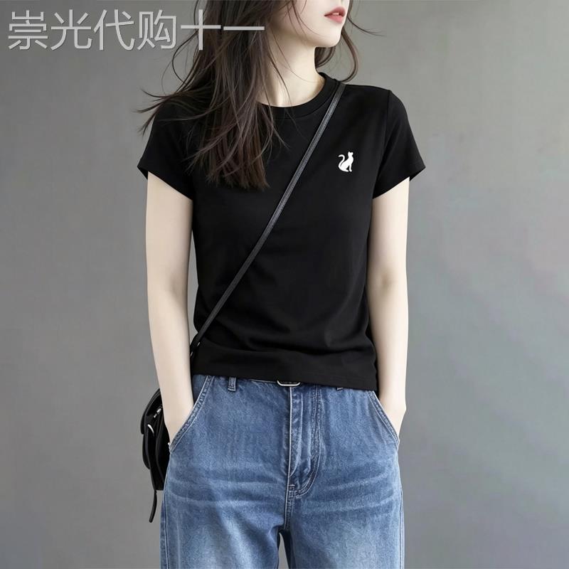 正肩刺绣黑色短袖T恤女夏新款薄款气质韩系简约显瘦休闲宽松上衣