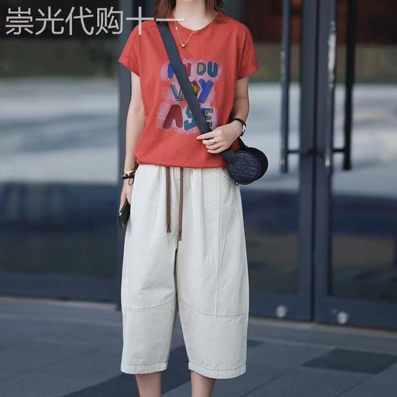 潮牌时尚休闲洋派短袖套装女夏款圆领印花宽松显瘦T恤百搭七分裤