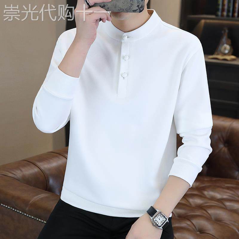 高端白色卫衣男秋冬季新款宽松休闲百搭薄款立领长袖t恤打底衫潮
