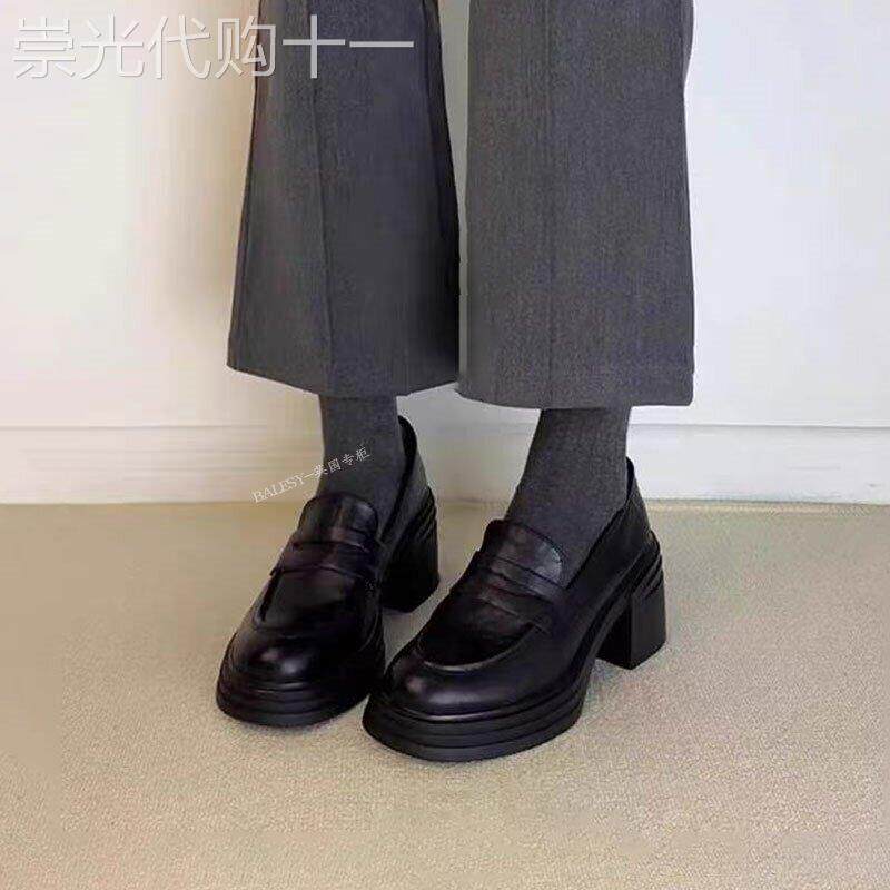 英国真皮厚底高跟乐福鞋女2026新款春季黑色粗跟单鞋英伦风小皮鞋