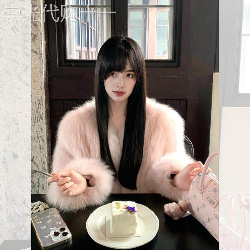 粉色彷狐狸毛环保皮草外套女冬季2025新款短款皮毛一体毛毛绒大衣