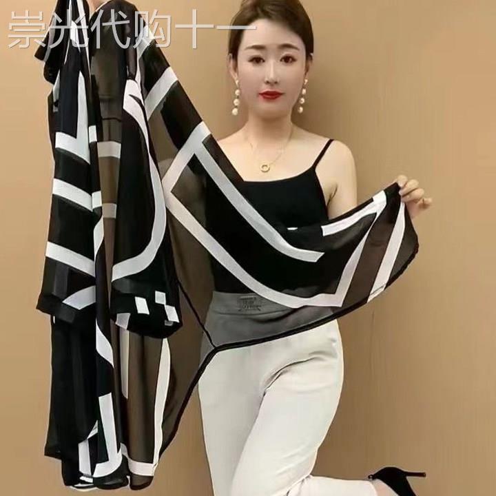 时尚大尺码雪纺防晒衣女夏季薄款宽松撞色条纹polo领中长版开 衫