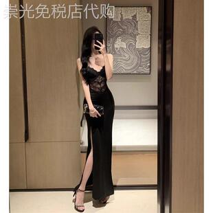 日系性感黑色蕾丝吊带连衣裙女气质御姐风轻熟晚礼服开叉包臀长裙