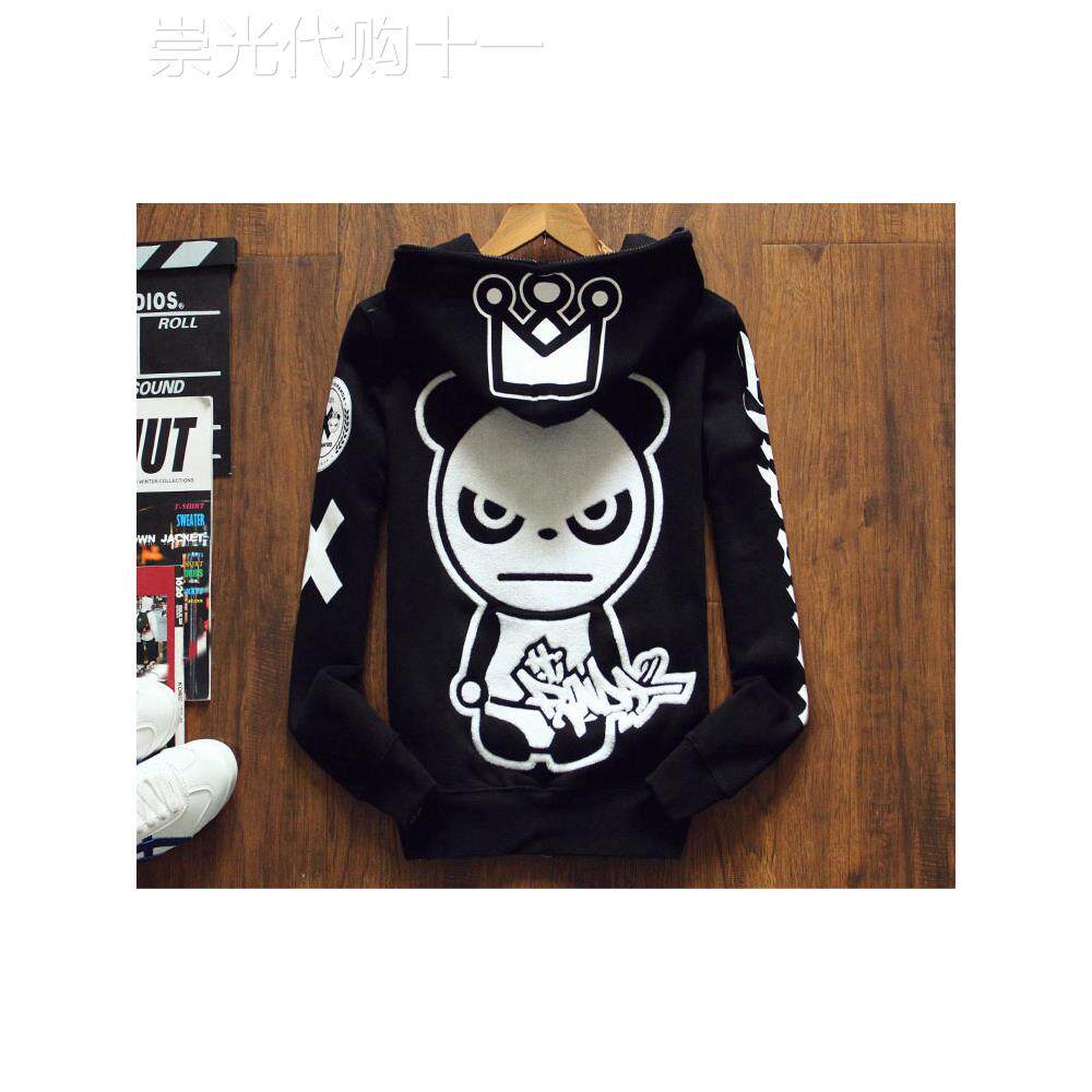 IT潮牌不死熊猫人贴布连帽卫衣男女加绒加厚外套字母印花拉炼帽衫
