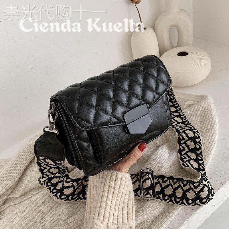 Cienda Kuelta 包包女2025新款潮菱格真皮斜挎包时尚宽带黑色小包