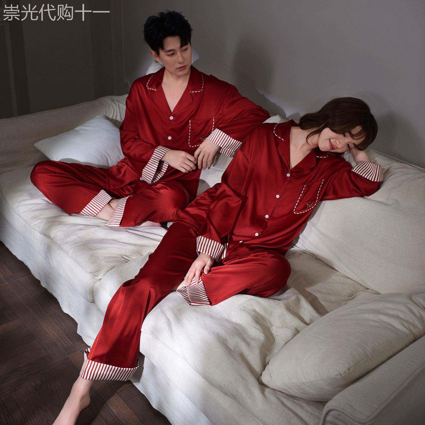 情侣真丝睡衣女春夏长袖红色结婚新婚高级感男女本命年家居服套装