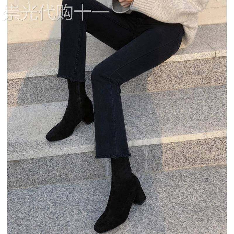 黑色高腰九分微喇叭牛仔裤女士秋冬小个子显高修身加绒直筒烟管裤