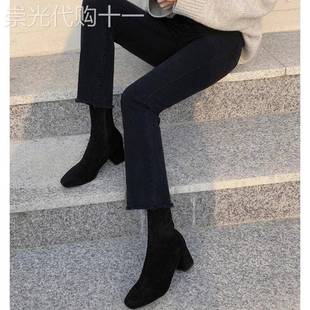 黑色高腰九分微喇叭牛仔裤女士秋冬小个子显高修身加绒直筒烟管裤
