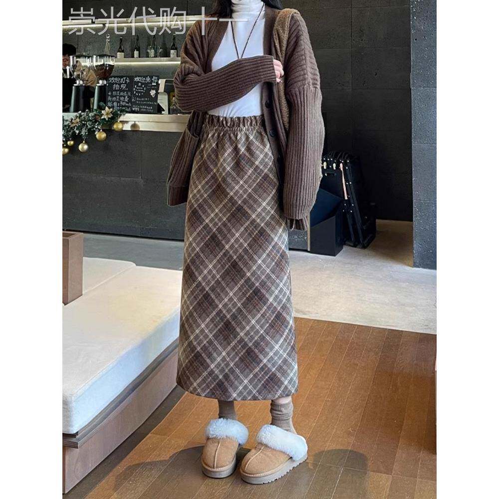 覆古毛呢格子半身裙女秋冬2025新款高腰显瘦a字直筒开叉包臀长裙