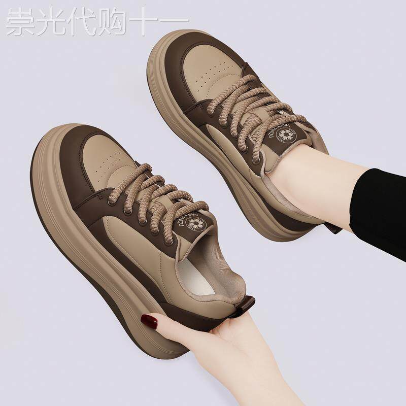 2025新款春秋季爆款百搭厚底轻便全皮女运动休闲鞋子增高老爹鞋女