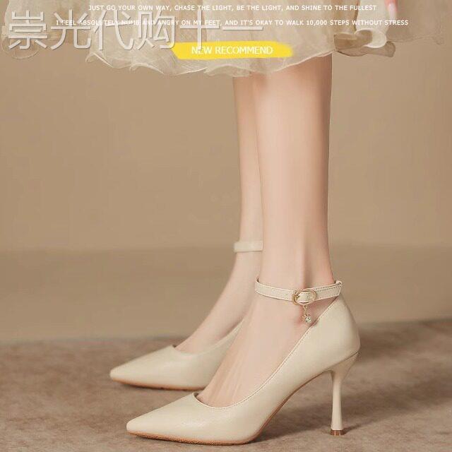 尖头细跟一字扣浅口单鞋女2025年夏季新款休闲百搭配旗袍高跟鞋子