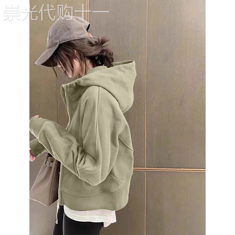 灰绿色连帽卫衣女2025年新款爆款秋冬小个子穿搭短款加绒外套上衣