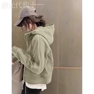 灰绿色连帽卫衣女2025年新款爆款秋冬小个子穿搭短款加绒外套上衣
