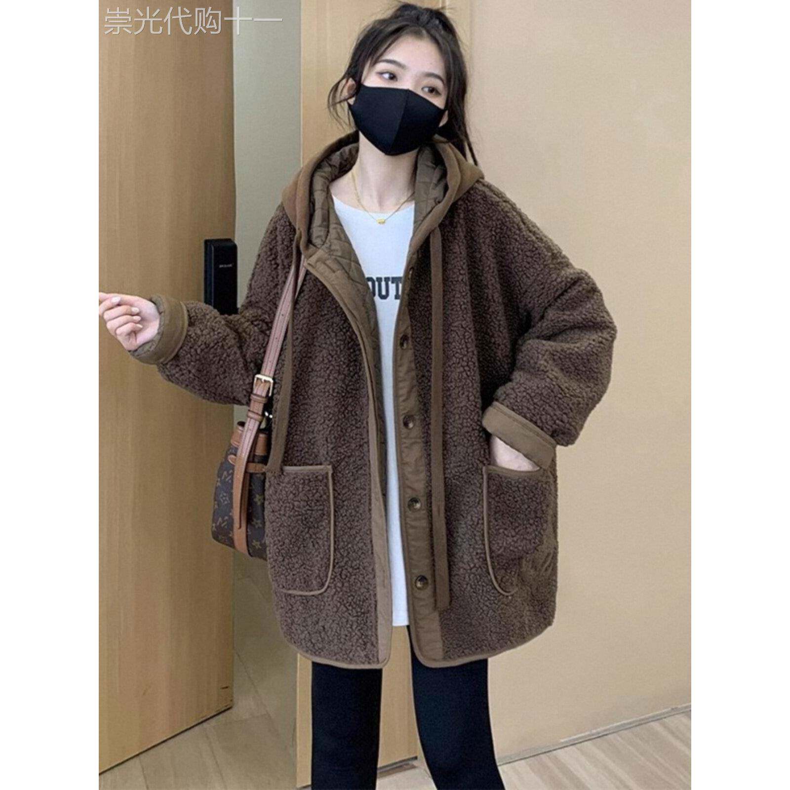 连帽彷羊羔毛外套女秋冬季欧货摇粒绒棒球服皮毛一体加厚派克棉服