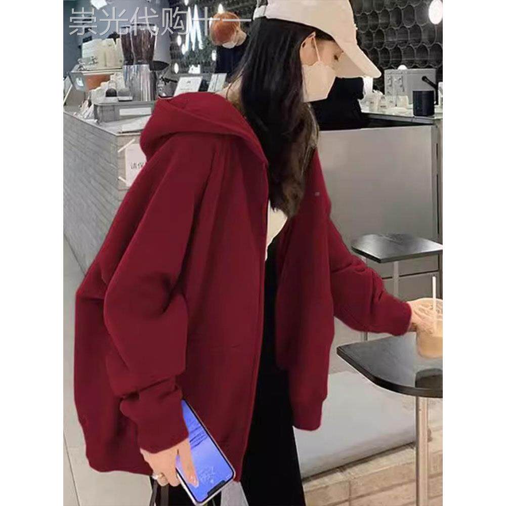 酒红色运动衫女子2025年春季和秋季新宽松懒散风格休闲拉炼连帽开