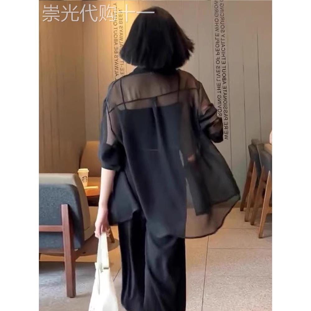 翻领雪纺衬衫女夏季欧货微透视薄纱开衫薄款披肩罩衫长袖防晒上衣