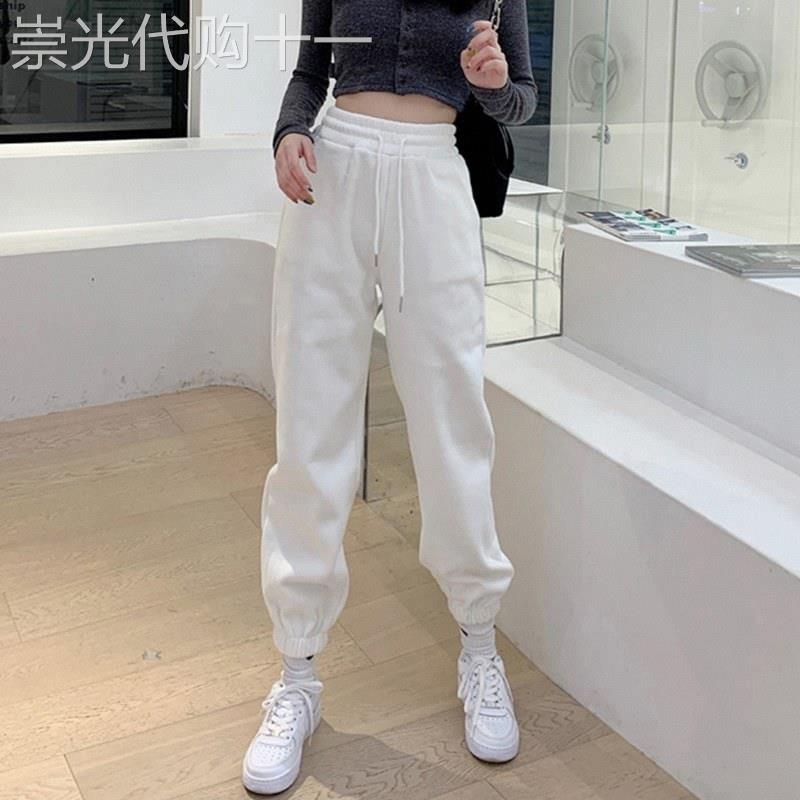 白色运动裤女春秋欧货潮牌小个子纯色高腰系绳休闲宽松束脚裤卫裤