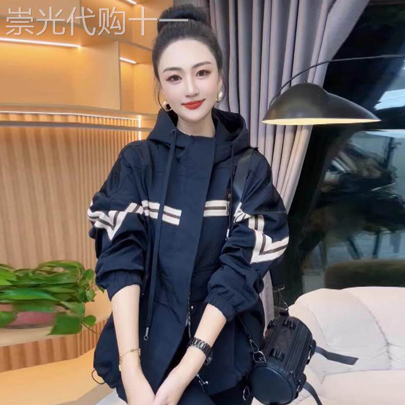 连帽风衣短外套女春秋新款欧货爆款中长款拼色百搭宽松休闲冲锋衣