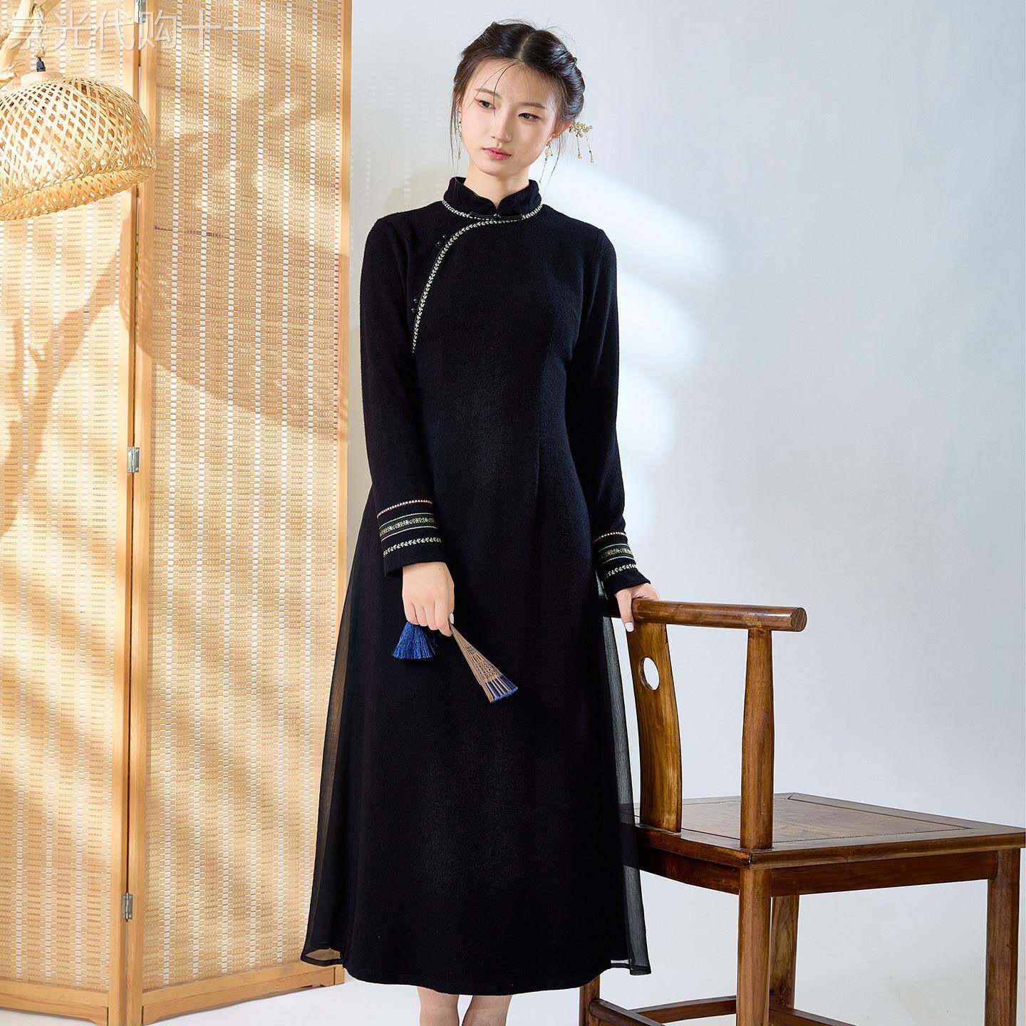 茶艺师服装改良旗袍连衣裙盘扣中国风女装新中式禅意茶服女秋冬季