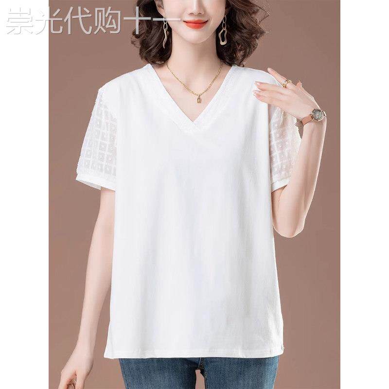 2026夏装纯棉短袖T恤女宽松加肥加大码女装休闲雪纺V领T恤衫上衣