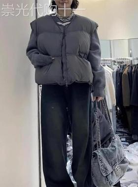 灰色羽绒棉服圆领短款马甲女秋冬欧货加厚宽松保暖背心外套上衣