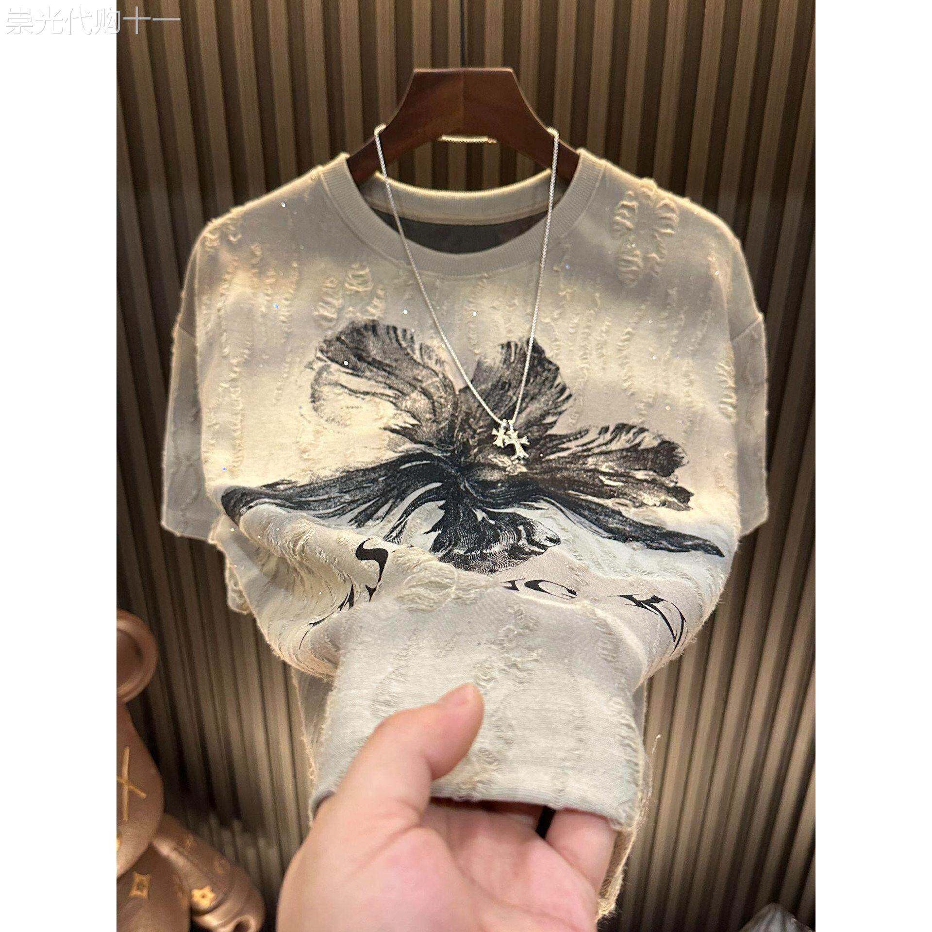 夏季新款满天星短袖男士曼陀罗花朵轻奢时尚圆领半袖破洞休闲T恤