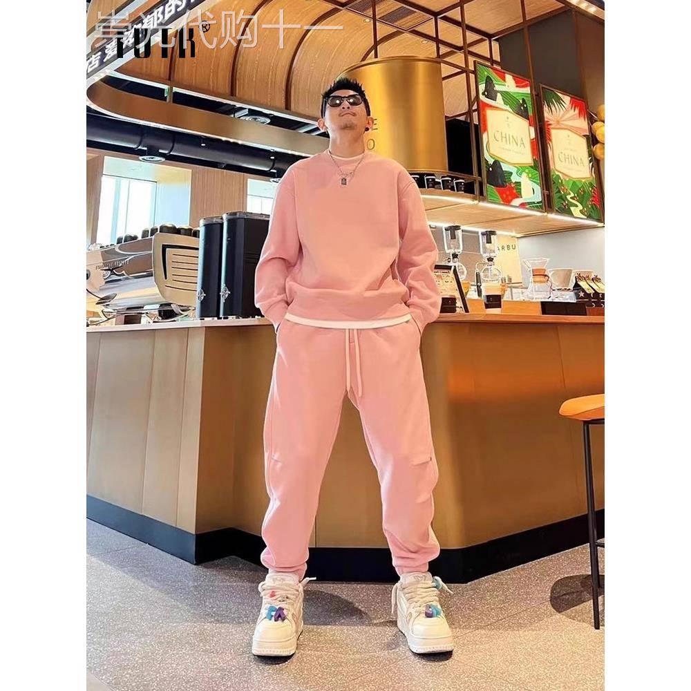 休闲运动套装男士秋冬季高级感潮牌宽松圆领假两件卫衣卫裤两件套