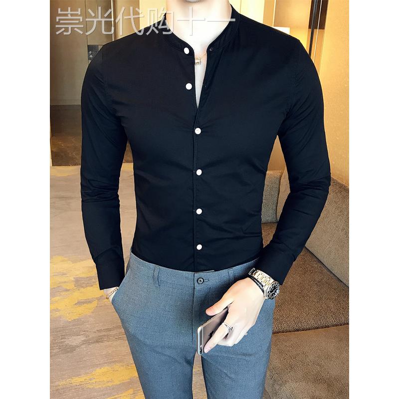 中式黑色立领衬衫男长袖修身韩版潮流休闲冰丝薄款短袖衬衣高级感