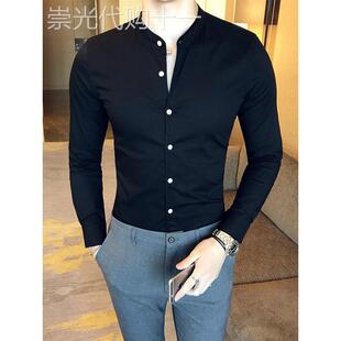 中式黑色立领衬衫男长袖修身韩版潮流休闲冰丝薄款短袖衬衣高级感
