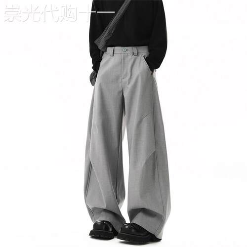 潮牌美式褶皱弯刀西裤男春秋季2026新款潮流宽松高级感阔腿休闲裤