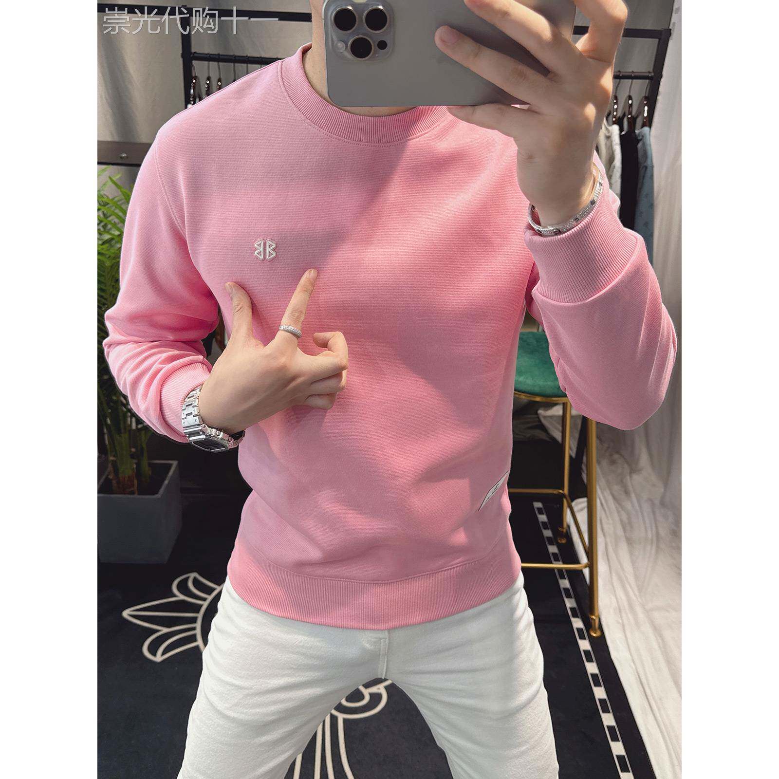 欧洲站潮牌粉色圆领卫衣男春秋2025新款简约时尚刺绣修身长袖帅气