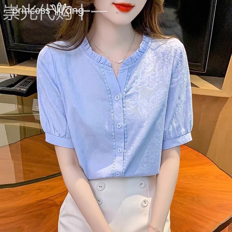 立领木耳边短袖衬衫女夏季2025新款优雅提花小衫时尚减龄显瘦上衣