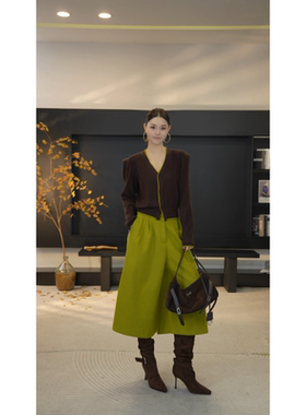 DENGDAHA「墨染」复古风 泡泡袖短款V领针织开衫上衣HBZX710108