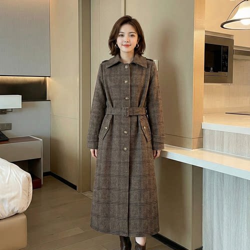 2025冬季复古风格纹单排扣收腰羊毛格纹风衣中长款气质外套NNASSA
