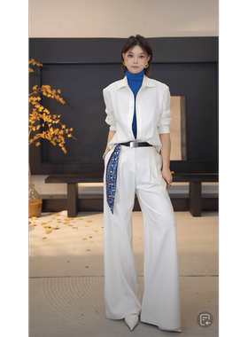 DENGDAHA「伦敦漫步」复古风白色休闲高腰显瘦阔腿裤女士休闲长裤