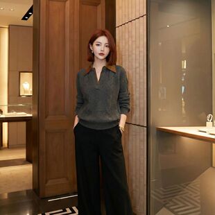 2025冬季新款法式复古轻熟通勤款翻领绞花针织上衣HBZXW918548