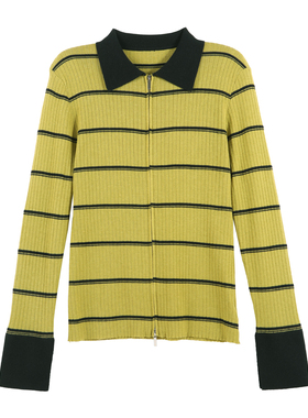 DENGDAHA「每日黑巧」复古风 撞色翻领条纹针织开衫HBZX641514